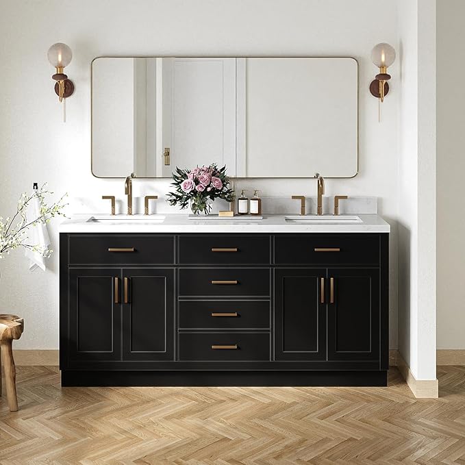 DKB Isabella 72 Inch Bathroom Vanity Double Sink — Black Bathroom Vanity with Sink, 1.5" Edge Carrara White Quartz Countertop & Backsplash, 4 Soft-Close Doors, 4 Dovetail Drawers, and 2 Tilt Drawers