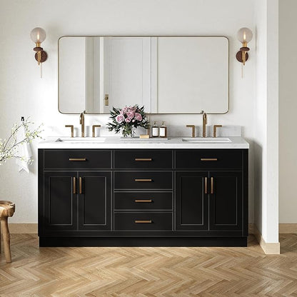 DKB Isabella 72 Inch Bathroom Vanity Double Sink — Black Bathroom Vanity with Sink, 1.5" Edge Carrara White Quartz Countertop & Backsplash, 4 Soft-Close Doors, 4 Dovetail Drawers, and 2 Tilt Drawers