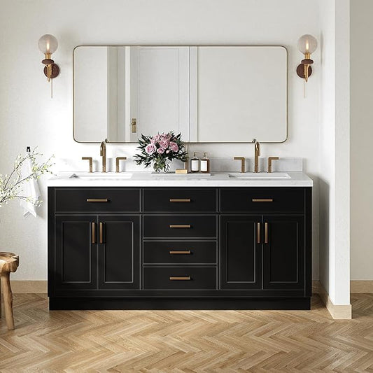 DKB Isabella 72 Inch Bathroom Vanity Double Sink — Black Bathroom Vanity with Sink, 1.5" Edge Carrara White Quartz Countertop & Backsplash, 4 Soft-Close Doors, 4 Dovetail Drawers, and 2 Tilt Drawers