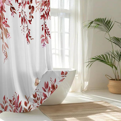 Red Floral Eucalyptus Shower Curtain with Hooks, 72x72 Inch | Waterproof Fabric, Watercolor Leaves and Floral, Botanical Style, Machine Washable, Quick-Drying, for Hotel Bathroom
