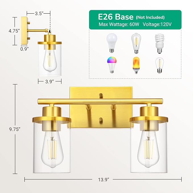EDISHINE 2-Light Gold Vanity Lights Over Mirror, Modern Wall Sconces, E26 | Clear Glass Shades, Metal Frame with Brushed Brass Finish, Ideal for Powder Room, Vanity Table, Kitchen