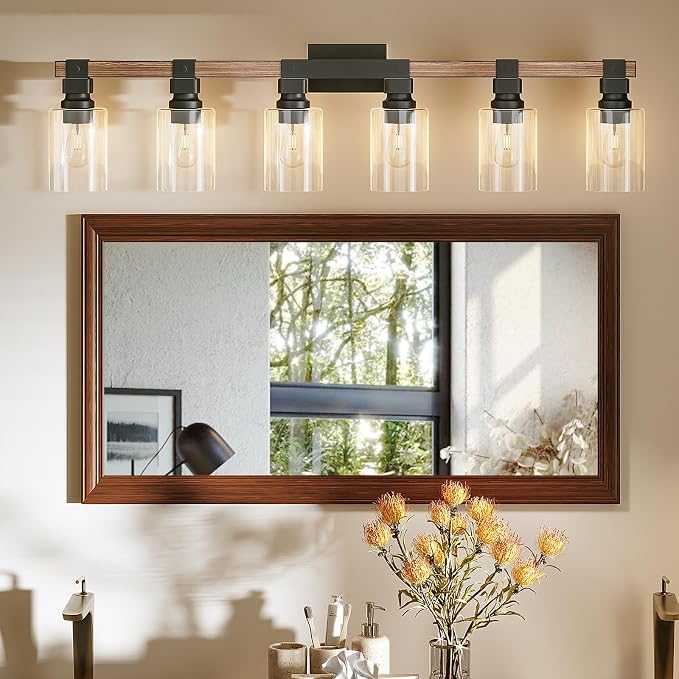 6 Light Bathroom Vanity Light 41in with Glass Shade, Farmhouse Vanity Light for Bathroom Light fixtures Over Mirror, Round Rustic Brown