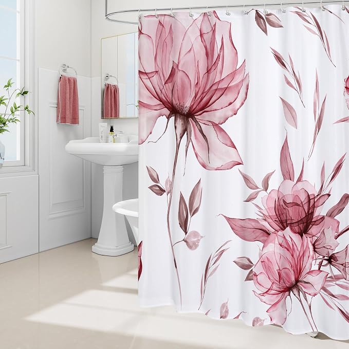 Burgundy Boho Floral Shower Curtain, Watercolor Botanical Design, 36 x 72 | Boho Floral Design, Watercolor Ink Painting Style, Botanical Flowers & Leaves, Elegant Bathroom Accent, Fabric Cloth Curtain
