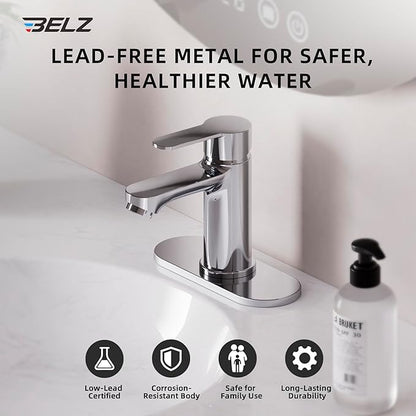 BELZ Bathroom Faucet, Single Handle Matte Black Sink Faucet for 1 or 3 Hole Installation, Modern Lead-Free Metal Vanity Faucet with Pop-Up Drain & Supply Hoses (Polished Chrome)