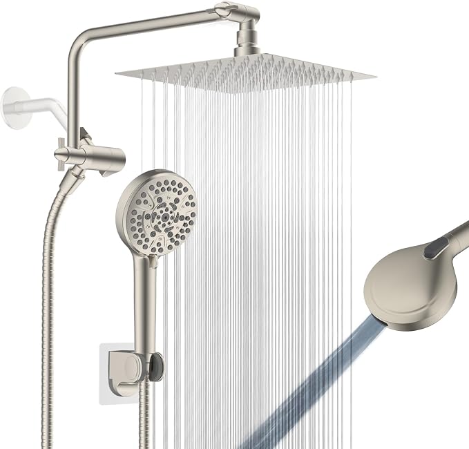 8" Metal Rainfall Shower Head with 10-Mode Handheld, Brushed Nickel | NSF/ANSI/CAN 372 Certified, High Pressure Showerhead Combo with 11" Adjustable Shower Arm, 71" Hose, Shower Head Holder