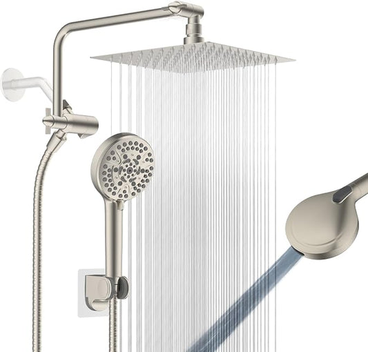8" Metal Rainfall Shower Head with 10-Mode Handheld, Brushed Nickel | NSF/ANSI/CAN 372 Certified, High Pressure Showerhead Combo with 11" Adjustable Shower Arm, 71" Hose, Shower Head Holder