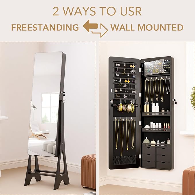 Standing Mirror Jewelry Cabinet Full Length Mirror Jewelry Armoire | JeJewelry Organizer Lockable Jewelry Storage for Women Girl Frameless LED Lights 6 Drawers Blac