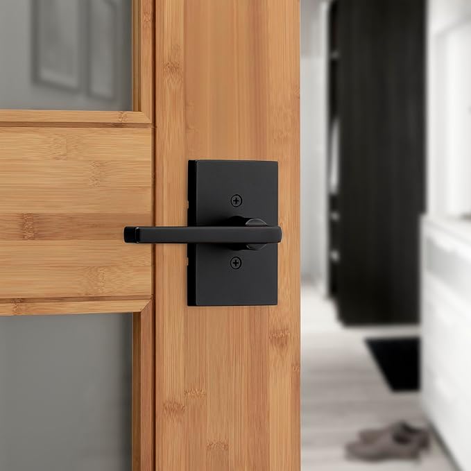 Kwikset Halifax Interior Privacy Door Handle with Lock, Door Lever For Bathroom and Bedroom, Matte Black Reversible Keyless Push Button Lock Door Lever, with Microban Protection