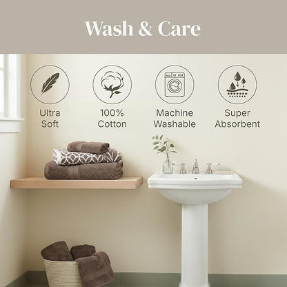 Modern Threads 6 Piece Bath Towel Set – Bathroom Set with 2 Bath Towels, 2 Hand Towels, and 2 Wash Cloths – 100% Cotton, Super Absorbent & Extra Soft – Reversible Botanical Vine (Taupe Brown)