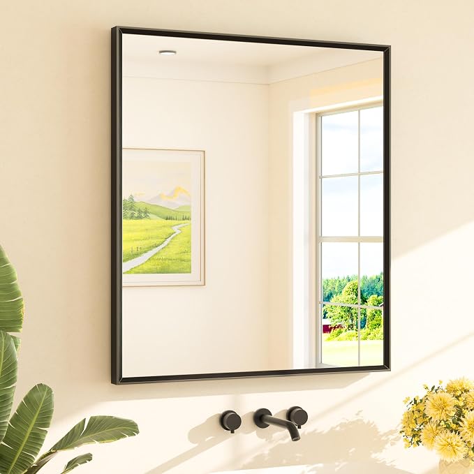 Black Framed Mirror for Bathroom Vanity 32" x 36" Matte Black Rectangle Beveled Frame Wall Mirror for Over Sink, Tempered Glass, Modern Farmhouse Bedroom, Entryway, Living Room