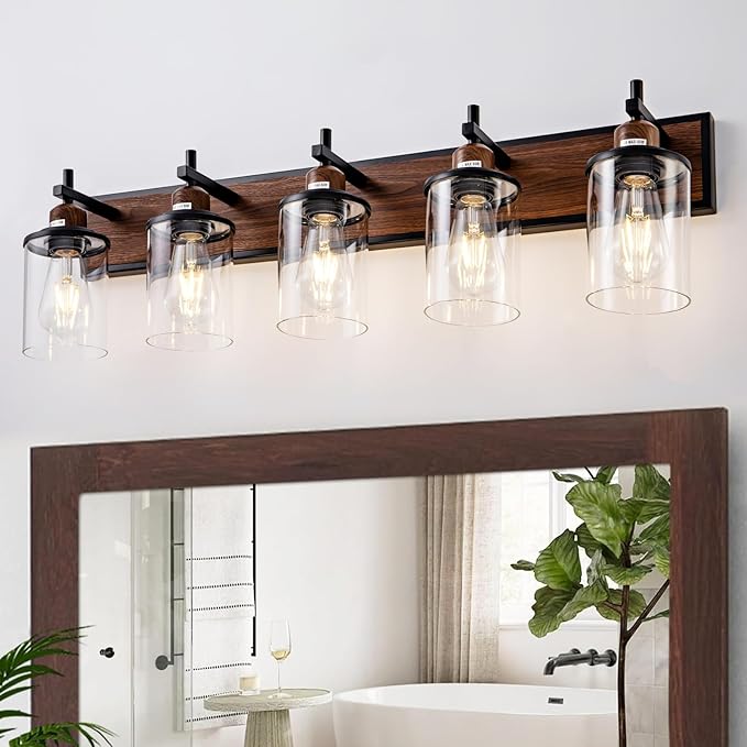 5-Light Farmhouse Bathroom Light Fixtures Vintage Bathroom Vanity Lights Over Mirror Black and Wood Painted Metal Vanity Light for Bathroom with Glass Shades E26 Socket