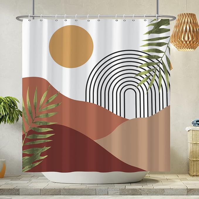AWERT Boho Shower Curtain with Hooks Arch Sun Rainbow Green Leaves Mid Century Shower Curtain for Bathroom Washable Bathroom Accessories Bathtub Decor 72x72inch