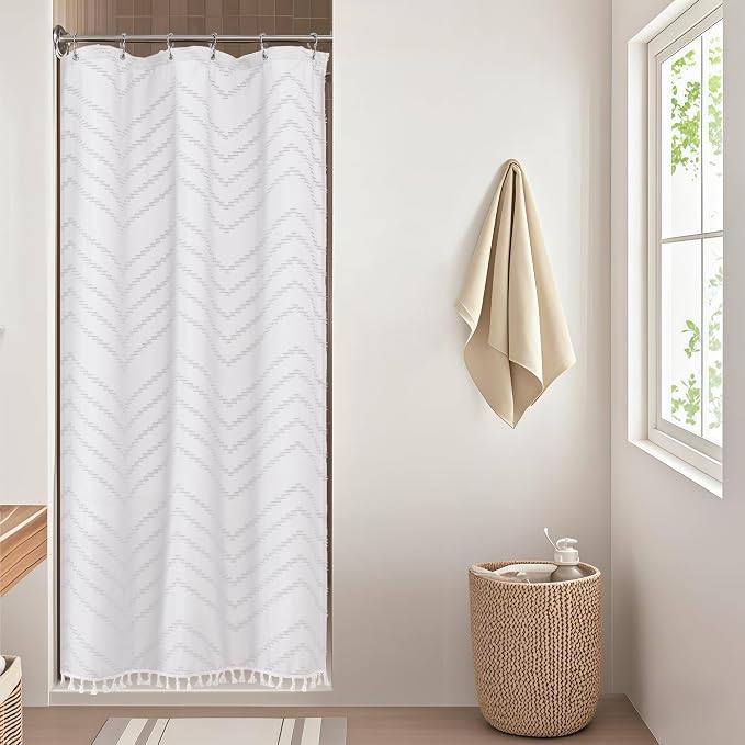 Small Boho Stall Shower Curtain, White Fabric Cloth Stall Shower Curtain 36 x 72 Half Size with Tassel Tufted Chevron Striped Textured Modern Farmhouse for Bathroom, Machine Washable