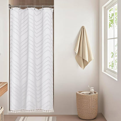 Small Boho Stall Shower Curtain, White Fabric Cloth Stall Shower Curtain 36 x 72 Half Size with Tassel Tufted Chevron Striped Textured Modern Farmhouse for Bathroom, Machine Washable
