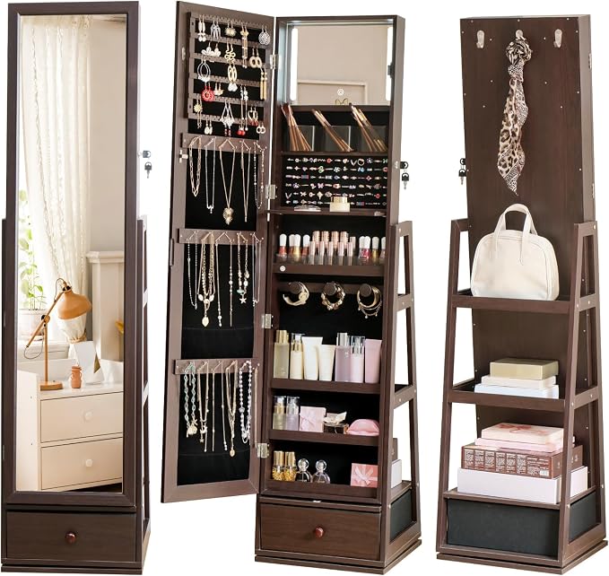 Swivel Full Length Mirror Jewelry Cabinet Standing With Built-In Mirror - 63.7”H Lockable Storage Jewelry Armoire With Mirror Drawers 3 Storage Racks Christmas Gift for Women Brown