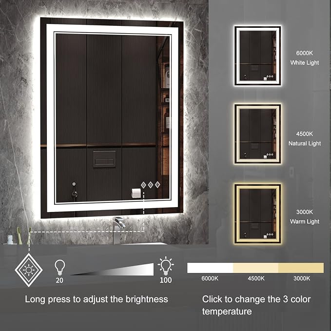LED Mirror, 28x36 Inch Gradient Front and Backlight Lighted Mirror, 3 Colors Dimmable CRI>90 Double Lights, IP54 Enhanced Anti-Fog, Hanging Plates Wall Mount LED Bathroom Mirror
