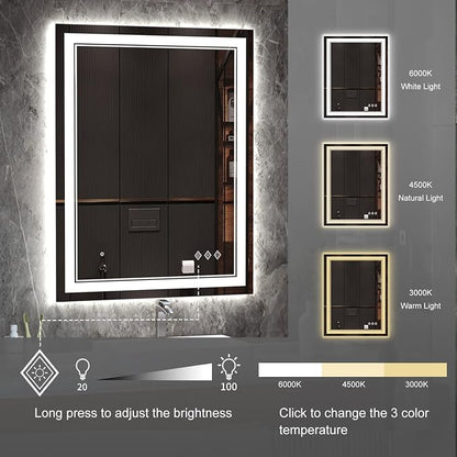 LED Mirror, 28x36 Inch Gradient Front and Backlight Lighted Mirror, 3 Colors Dimmable CRI>90 Double Lights, IP54 Enhanced Anti-Fog, Hanging Plates Wall Mount LED Bathroom Mirror
