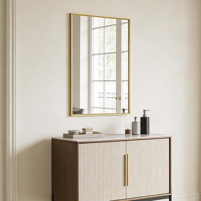 Bathroom Mirror 30" x 20" Brushed Gold Beveled Framed Mirror for Over Sink | Rectanglar Modern Farmhouse Wall Mirror, Tempered Glass, Anti-Rust, Hangs Horizontally or Vertically