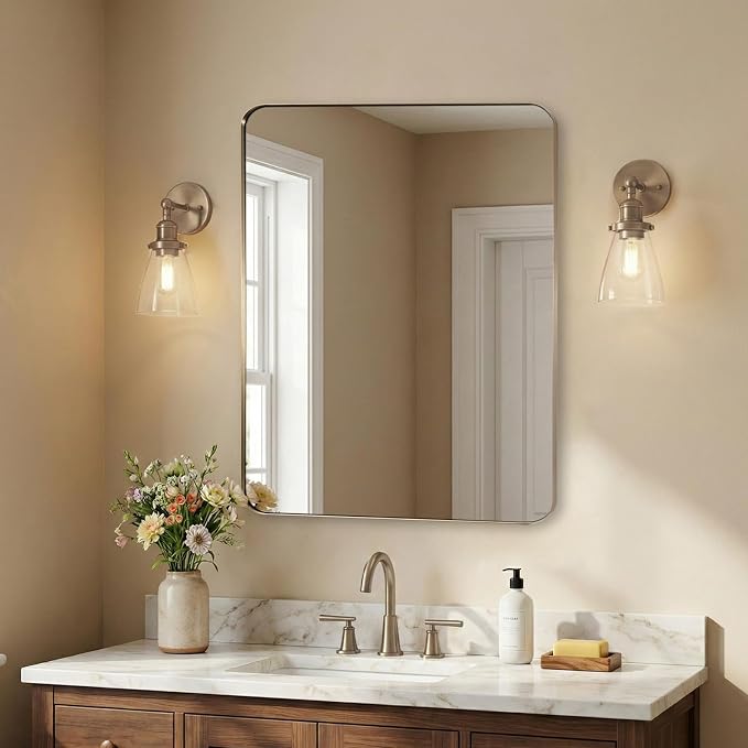 Brushed Champagne Bronze Mirrors for Bathroom Sink, 24x32 Inch Bathroom Vanity Mirror with Rectangular Metal Frame-Modern Clean Design with Superior Stainless Steel Frame