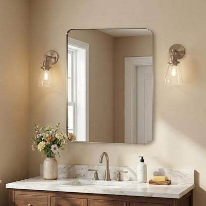 Brushed Champagne Bronze Mirrors for Bathroom Sink, 24x32 Inch Bathroom Vanity Mirror with Rectangular Metal Frame-Modern Clean Design with Superior Stainless Steel Frame