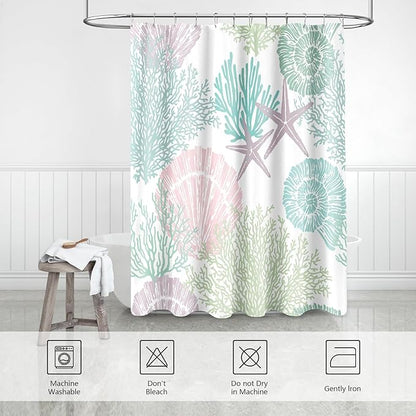 Long Shower Curtain 72 x 78 Inch, Tall Pink Green Nautical Coastal Fabric, Summer Tropical Seashell Starfish Coral Beach Ocean Themed for Bathroom Decor