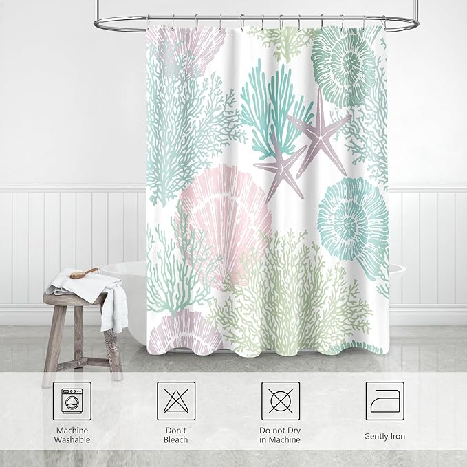 Small Stall Shower Curtain 36 x 72 Inch, Half Narrow Pink Green Nautical Coastal Bathroom Shower Curtains, Summer Tropical Seashell Starfish Coral Beach Ocean Themed Shower Curtain