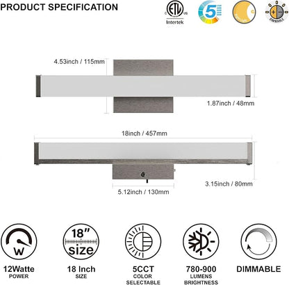 18 Inch Bathroom Vanity Light Fixtures with Night Light: Long Square Wall Mounted LED Lighting Bar Over Mirror with 5CCT & 2200K Color Changing, 120V, 780-900lm, ETL, Brushed Nickel, 2 Packs