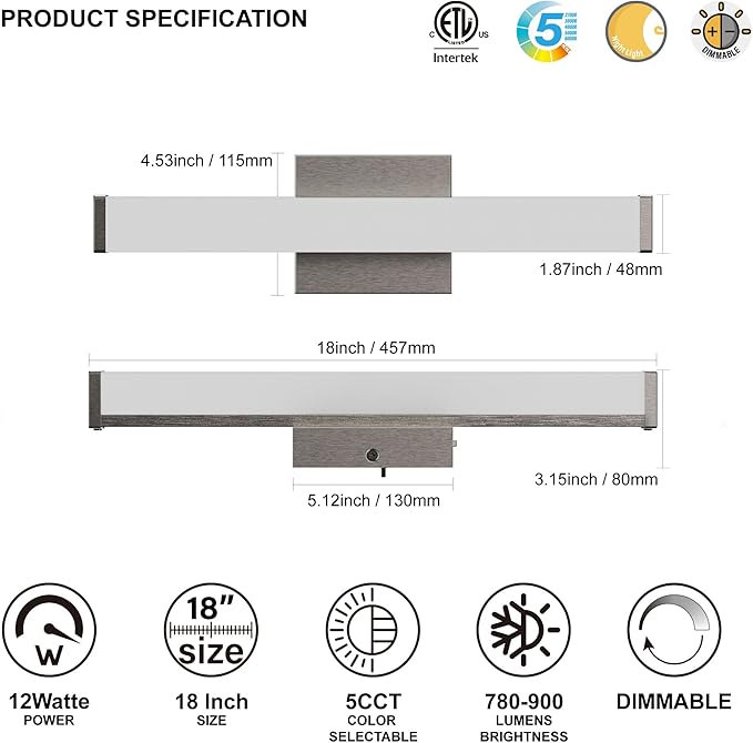 18 Inch Bathroom Vanity Light Fixtures with Night Light: Long Square Wall Mounted LED Lighting Bar Over Mirror with 5CCT & 2200K Color Changing, 120V, 780-900lm, ETL, Brushed Nickel, 1 Pack