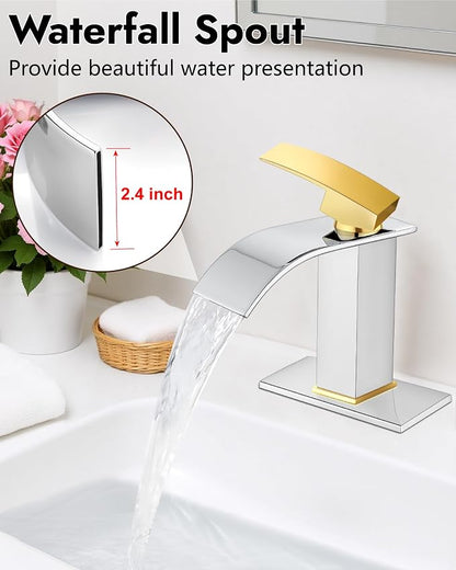 Midanya Waterfall Bathroom Faucet 1 Hole,Polish Gold Handle/Polish Chrome | with 24” Hoses,Pop Up Drain,6” Deck Plate,for 1 or 3 Hole Vanity,Lavatory,RV,Single Handle Bathroom Sink Faucet,NSF Certified