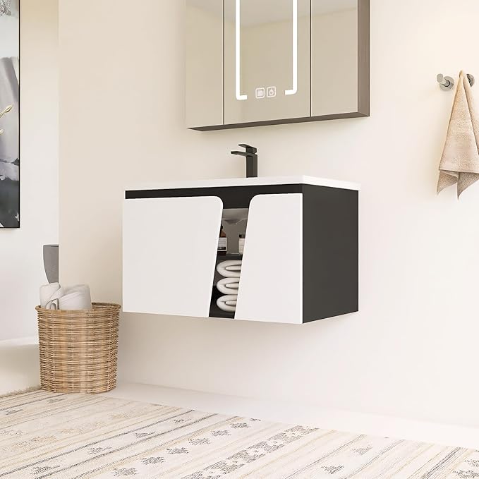 32 Inch Bathroom Vanity with Sink, 32" Floating Bathroom Vanity, Plywood Wooden Cabinet with Soft Close Doors, Modern Wall Mounted Cabinet Set, Ceramic Sink Included