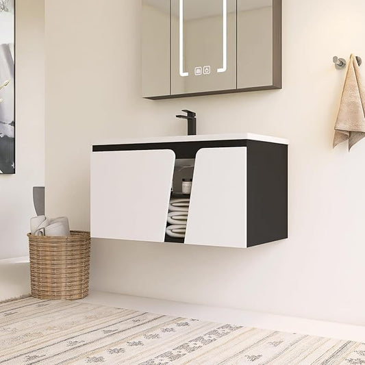 36 Inch Bathroom Vanity with Sink, 36" Floating Bathroom Vanity, Plywood Wooden Cabinet with Soft Close Doors, Modern Wall Mounted Cabinet Set, Ceramic Sink Included