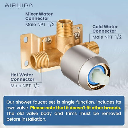 Airuida Shower Faucet Set,12 Inch Shower Valve Kit,Brushed Nickel | Male Threads,Rough-in Valve Shower Trim Kit,Single Handle Control Shower Set