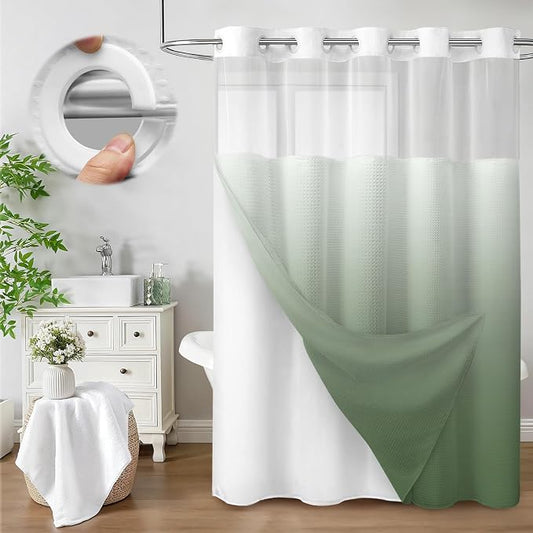 No Hook Shower Curtain with Liner Set Hotel Waffle Ombre Green 72W X 75L | Washable Snap in Fabric Liner, Mesh Top Window, Waffle Hotel Style Shower Curtain Set