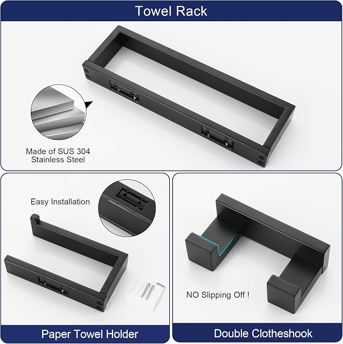 Matte Black Bathroom Accessories, Toilet Paper Holder, Towel Bar and Hook | Lairuier 3 Pieces Bathroom Hardware Set, SUS304 Stainless Steel Towel Holder Set Toilet Paper Holder Robe Hook Wall Mounted