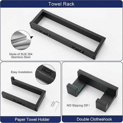 Matte Black Bathroom Accessories, Toilet Paper Holder, Towel Bar and Hook | Lairuier 3 Pieces Bathroom Hardware Set, SUS304 Stainless Steel Towel Holder Set Toilet Paper Holder Robe Hook Wall Mounted