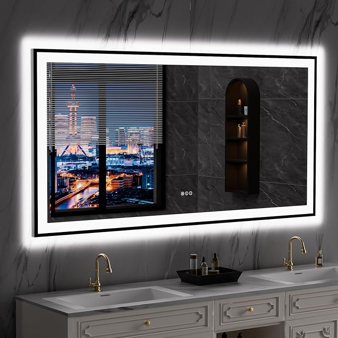 LOAAO 72"X36" LED Bathroom Mirror Black Framed | Anti-Fog, Dimmable, Memory Function, Tempered Glass, Lighted Vanity Mirror for Wall
