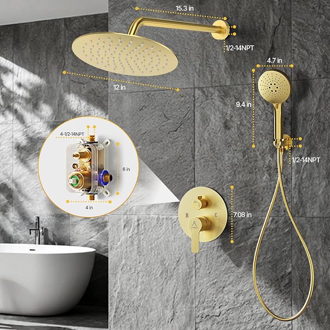Shower Faucet Set Brass 12IN Rough-In Valve Body Trim Kit Rainfall Included Handle Accessories Complete 2 Functions with Rain Head and Handheld Bathroom Systems (12'', Brushed Gold)