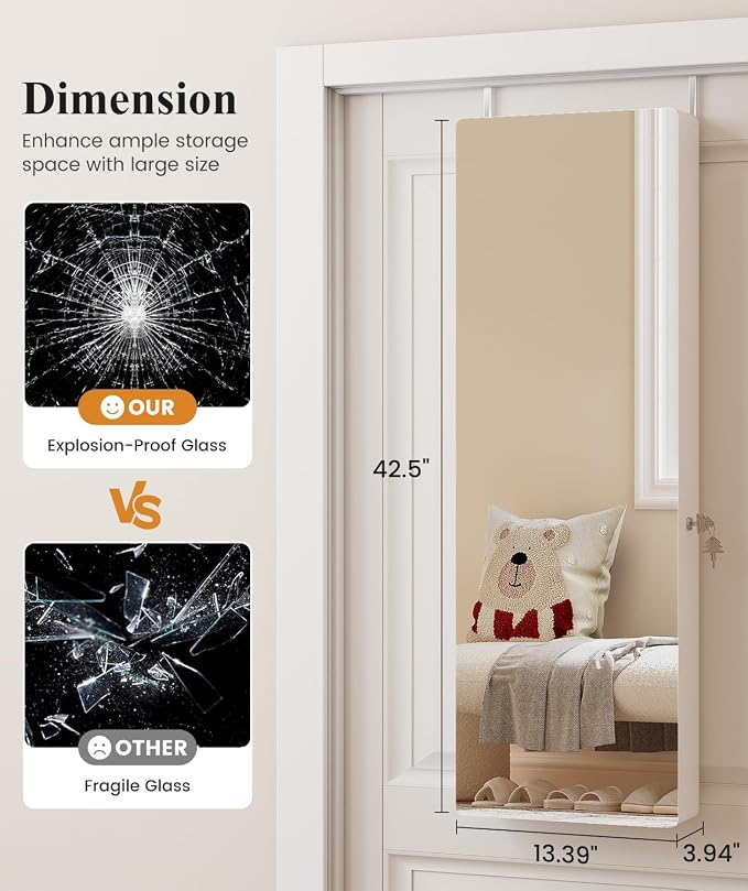 LVSOMT Over the Door Jewelry Organizer with Mirror Door Mirror with Storage | Jewelry Mirror Cabinet with Large Capacity, 6 LED Lights,Velvet Lining, Space-Saving for Bedroom, Cloakroom, Gift Women Girls