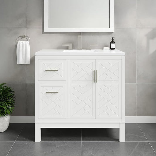 Eviva Cambridge 36 in. White Single Sink Bath Vanity with Quartz Top and Undermount Porcelain Sink