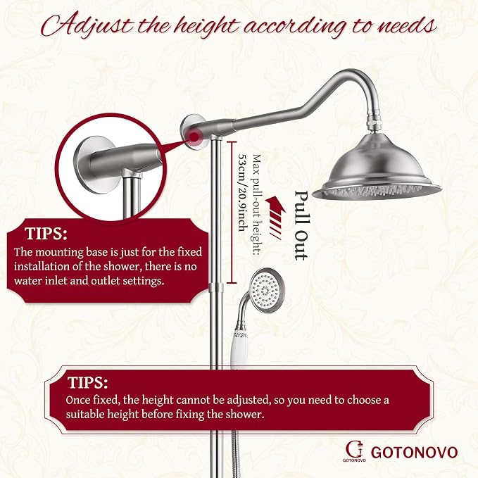 gotonovo Vintage Exposed Shower Faucet Set with Tub Spout,Brushed Nickel | Bathtub 8” Shower Head with Handheld System Fixtures Combo Kit,360°Rotation,Fast Filler,Extra Extension Tube,for 5-6.7" Hole