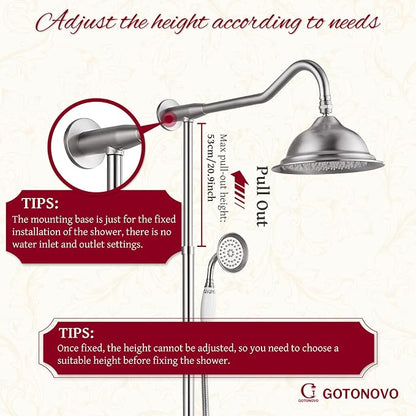 gotonovo Vintage Exposed Shower Faucet Set with Tub Spout,Brushed Nickel | Bathtub 8” Shower Head with Handheld System Fixtures Combo Kit,360°Rotation,Fast Filler,Extra Extension Tube,for 5-6.7" Hole