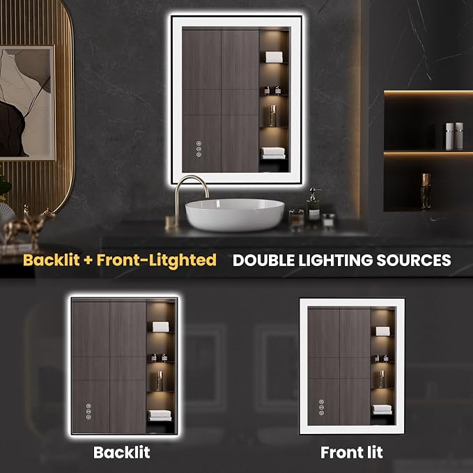 LOAAO 28"X36" LED Bathroom Mirror Black Framed | Anti-Fog, Dimmable, Memory Function, Tempered Glass, Lighted Vanity Mirror for Wall