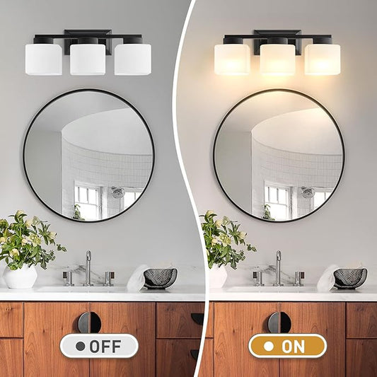 3-Light Bathroom Light Fixtures - Black Bathroom Vanity Lights with Frosted Glass Shade Modern Bathroom Lighting Fixtures Over Mirror - Wall Sconce Lamps for Bedroom,Living Room,Hallway