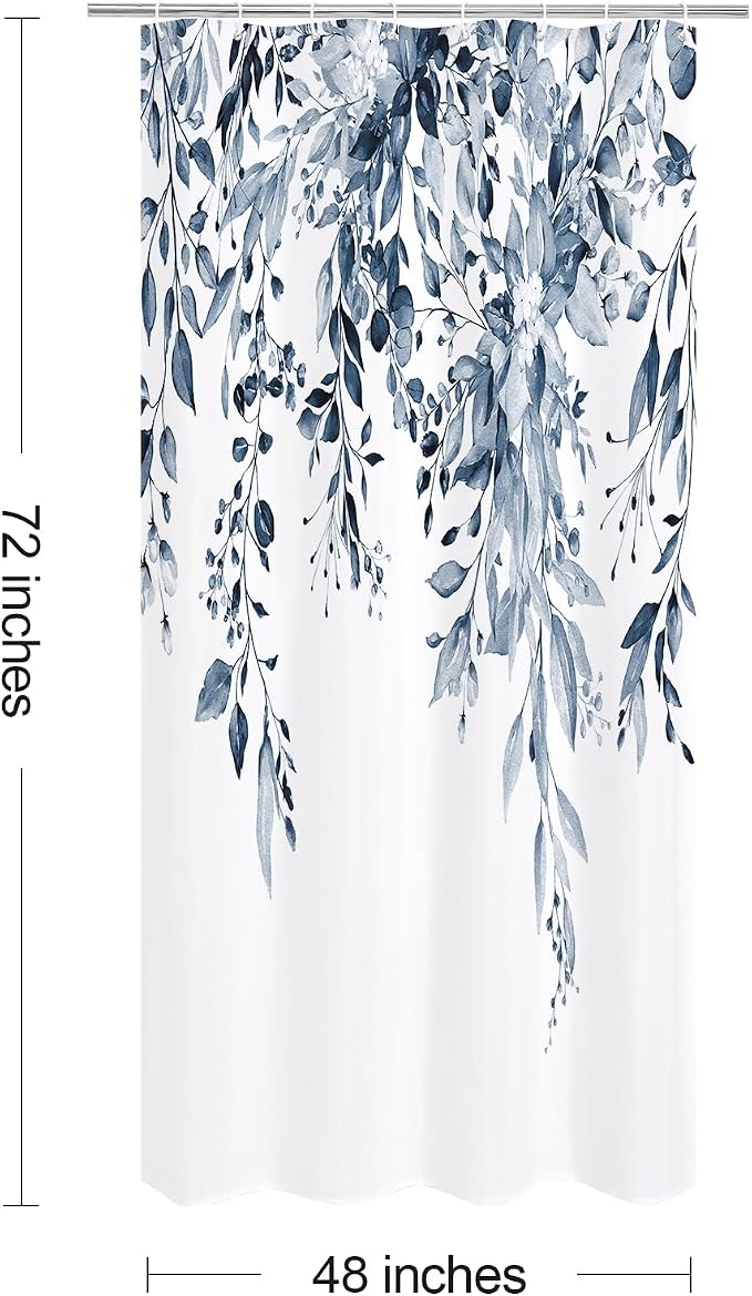Navy Eucalyptus Shower Curtain, Watercolor Floral Print, 48x72 | Watercolor Plant Leaves Floral Print, Waterproof Fabric Bathroom Decor, Machine Washable, Rustproof Grommets
