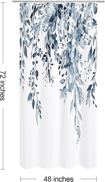 Navy Eucalyptus Shower Curtain, Watercolor Floral Print, 48x72 | Watercolor Plant Leaves Floral Print, Waterproof Fabric Bathroom Decor, Machine Washable, Rustproof Grommets