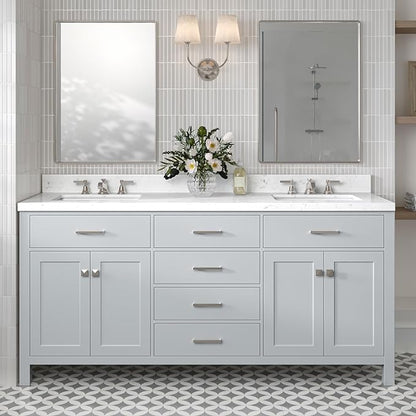 ARIEL Bristol 72-inch Bathroom Vanity with Sink,Solid Wood, 1.5-inch Carrara White Quartz Countertop & Backsplash, Double Rectangular Porcelain Sink, 4 Soft Closing Doors, 4 Dovetail Drawers, Grey