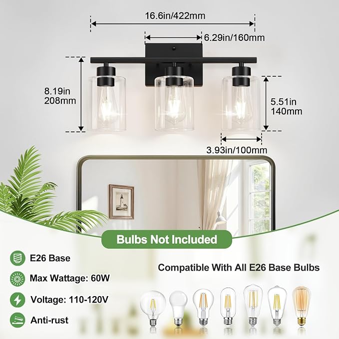 3-Light Bathroom Light Fixtures, Modern Black Vanity Light with Clear Glass Shades for Bathroom Vanity Lighting