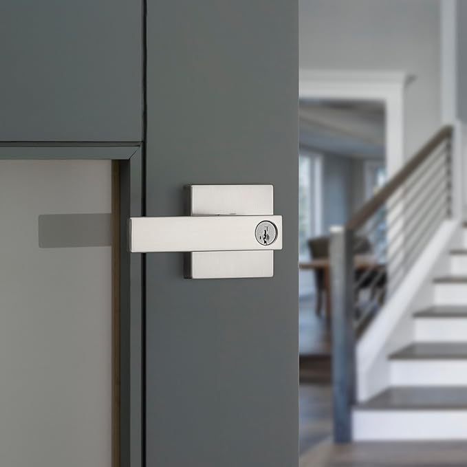 Kwikset Singapore Entry Door Handle with Lock and Key, Secure Keyed Reversible Lever Exterior, For Front Entrance and Bedrooms, Satin Nickel, Pick Resistant Smartkey Rekey Security and Microban