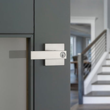 Kwikset Singapore Entry Door Handle with Lock and Key, Secure Keyed Reversible Lever Exterior, For Front Entrance and Bedrooms, Satin Nickel, Pick Resistant Smartkey Rekey Security and Microban