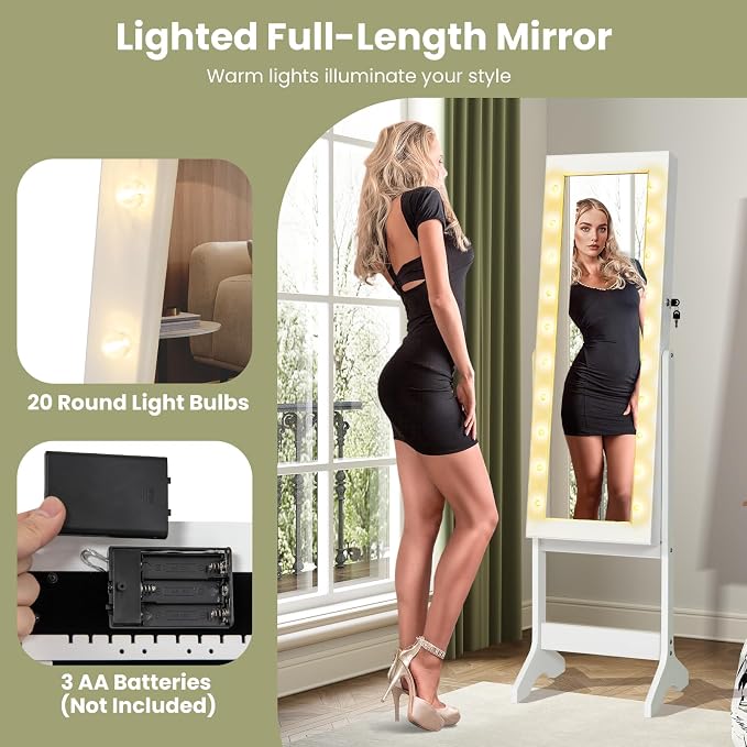 GOFLAME Jewelry Armoire Cabinet Standing, Lockable Full Length Mirror with Storage Shelves and 2 Drawers, Adjustable Tilt Angles, Stand Up Jewelry Box with Lighted Mirror (White)